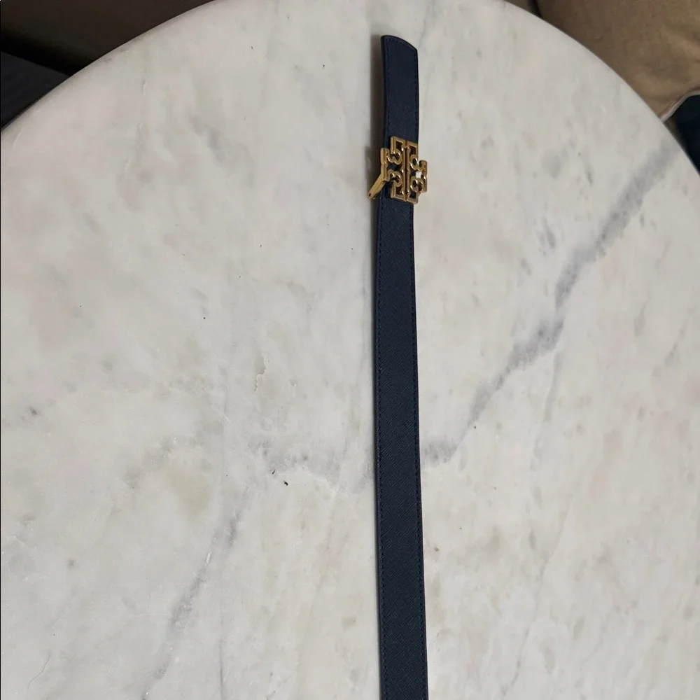 Navy Leather Belt with Gold Logo Buckle